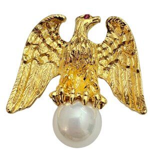 Ann Hand Vermeil Sterling Eagle Brooch, Faux Pearl Pin, Signed